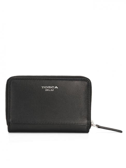 Tosca Blu Button Wallets Geldbörse aus Leder mit gestepptem Logo, Schwarz , Unica, Modern