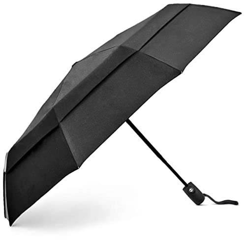 EEZ-Y Regenschirm sturmfest - Taschenschirm mit Auf-Zu-Automatik - Kompakter Regenschirm groß genug für 2 - Inkl. Schirm-Tasche – UV Schwarz