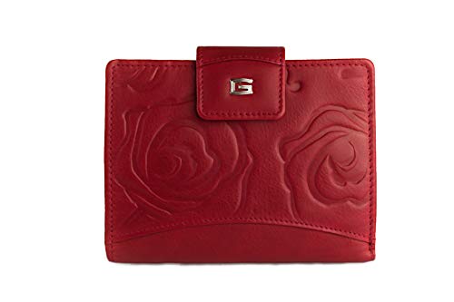 Giudi Geldbörse Damen Leder Floral-Print Mittel-Groß Echtleder Portemonnaie (Rot)