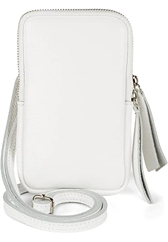 styleBREAKER Damen Leder Handy Umhängetasche mit genarbter Oberfläche, Reißverschluss, Echtleder Mini Bag 02012374, Farbe:Weiß