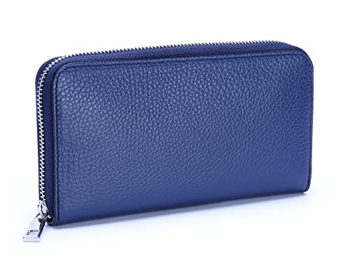 Ever Bloom Damen Geldbörse Leder einfarbiges Portemonnaie aus Italien mit Kartenfächern und Reißverschluss, Designes Geldbeutel lang für Frauen und Mädchen, Leder Geldbörse Farbe:Blau