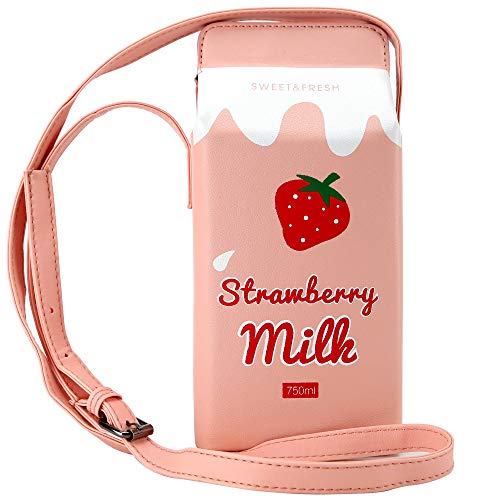 QiMing Erdbeermilch Box CrossBody Portemonnaie-Tasche,PU-Handy-Schultertasche für Frauen Mädchen(CaoM)
