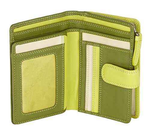 Visconti Leder Portemonnaie - RFID Schutz Damen Geldbeutel - M 9 x 13 cm - Geldbörse mit Druckknopf für zusätzliche Sicherheit Bifold Portmonee mit Geschenk-Box 'Rainbow' - Lime