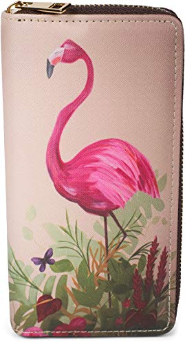 styleBREAKER Damen Geldbörse mit verschiedenen Sommerlichen Motiven, Reißverschluss, Portemonnaie 02040143, Farbe:Flamingo - Beige-Pink