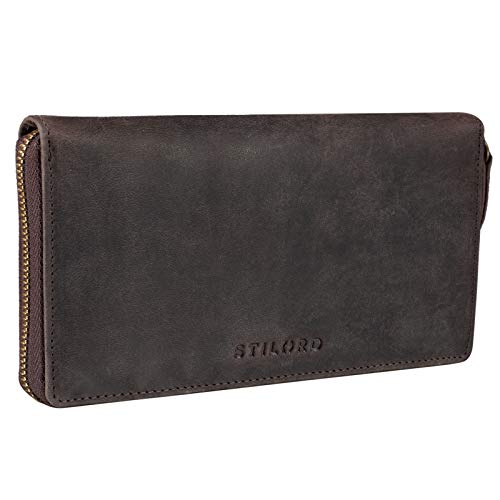 STILORD 'Emilia' Damen Portemonnaie RFID Schutz Elegante Klassische Geldbörse groß aus echtem Rindsleder, Quer mit Reißverschluss Leder, Farbe:dunkel - braun