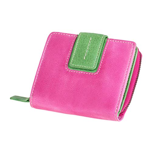 MIKA 42184 - Damengeldbörse aus Echt Leder, Portemonnaie im Hochformat, Geldbeutel mit 9 Kartenfächer, 2 Einschubfächer, 2 Scheinfächer und Münzfächer, Brieftasche in pink/grün, ca. 9 x 10,5 x 3 cm