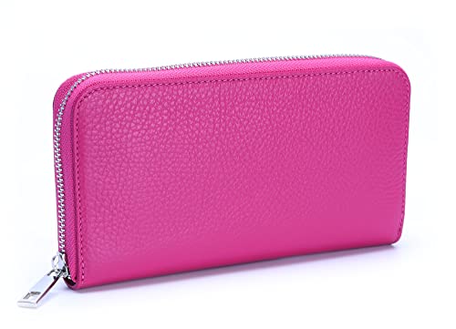 Ever Bloom Damen Geldbörse Leder einfarbiges Portemonnaie aus Italien mit Kartenfächern und Reißverschluss, Designes Geldbeutel lang für Frauen und Mädchen, Leder Geldbörse Farbe:Pink