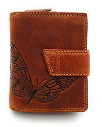 Jockey Club kleine echt Leder Geldbörse Portemonnaie Geldbeutel Sauvage Leder mit RFID Schutz Schmetterling (Braun)
