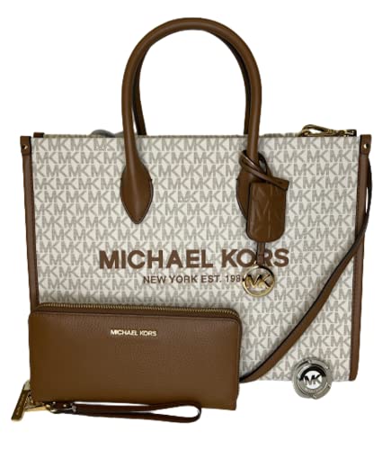 Michael Kors Mirella MD EW Logo Tote Bag gebündelt mit großer Continental Geldbörse und Geldbörsenhaken, Signature Mk Vanilla / Gepäck
