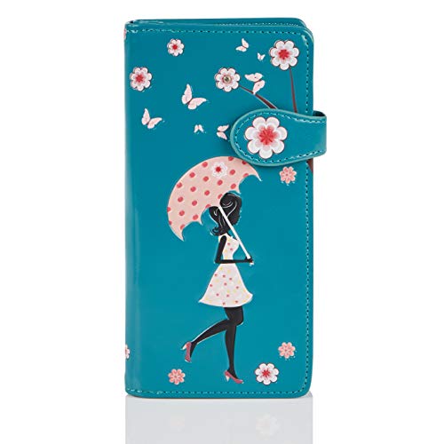 Shagwear Portemonnaie Geldbörse für Junge Damen, Mädchen Geldbeutel Portmonaise groß Designs:, Blütenregen Türkis/ Blossom Shower, Large