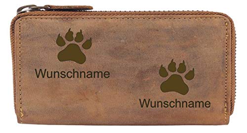 Greenburry Damen-Geldbörse PERSONALISIERT Wunschnamen mit Hunde-Motiv verschiedener Rassen, 19x10x2,5 cm, Braun (Pfoten)