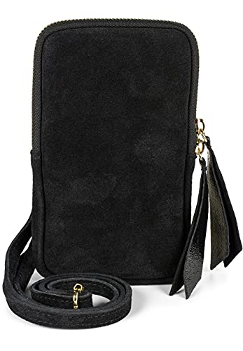 styleBREAKER Damen Leder Handy Umhängetasche aus weichem Veloursleder, Reißverschluss, Echtleder Mini Bag 02012373, Farbe:Schwarz