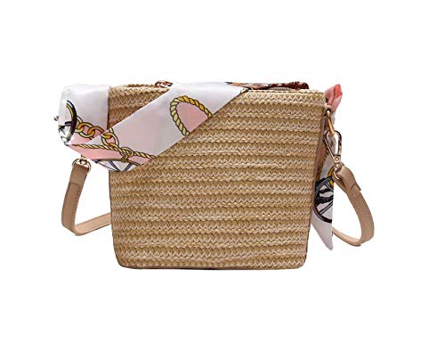 ONEGenug Strohsack Woven Straw Damen Tasche, Mit Vintage Schal, Handtasche Strand Umhängetasche für Frauen Urlaub