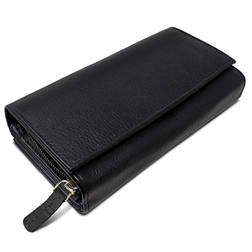 ROYALZ Vintage Leder Geldbörse für Damen Portemonnaie groß mit vielen Fächern RFID-Blocker Brieftasche Querformat, Farbe:Schwarz