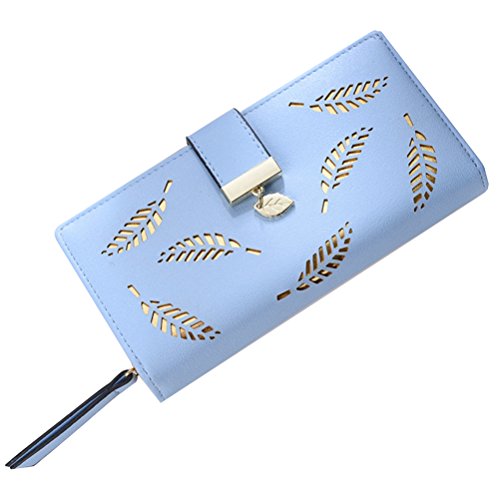 BESTOYARD Lange Geldbörse mit Schnalle, PU Leder Portemonnaie elegant Blätter Brieftasche mit Kartenfächern für Damen Mädchen (Blau)