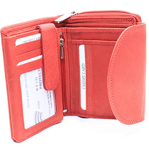 RFID Geldbörse Damen Portemonnaie Echt Leder Frauen Geldbeutel Portmonee Brieftasche (Rot)