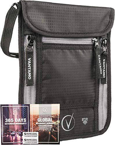 Brustbeutel Herren und Damen - Passport Bag - Brustbeutel mit RFID-Blocker - Sicherheitstasche Passend für Reisepass mit Cover - inkl. Global Recovery Tags - Stilvolles Schwarz/Grau