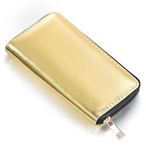 Damen Geldbörse weich im Metallic-Look mit Reißverschluss Portemonnaie in Gold 20 x 10 x 2,5 cm
