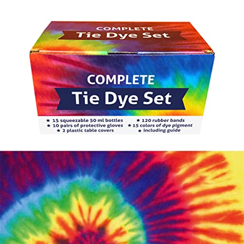 QBIX Tie Dye Kit Komplettset 166 Teilig | 15 Farben, Handschuhe, Gummibänder, Trichter, Anleitung, Tischabdeckung und praktische Aufbewahrungsbox (Enthält 15 Flaschen und 15 Pigment Beutel)