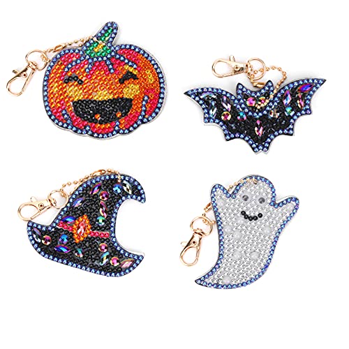 MWOOT 4 Stücke DIY Halloween Diamant Malerei Schlüsselbund,Kürbis 5D Diamond Art Painting Keychain für Tasche Geldbörse Handtasch Anhänger