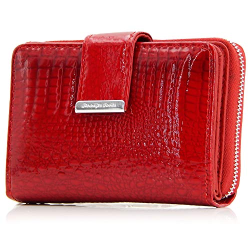 Leder Portemonnaie mit RFID, NFC Schutz - Reißverschluss Münzfach - Damen Geldbörse - Geldbeutel für Frauen (Rot)