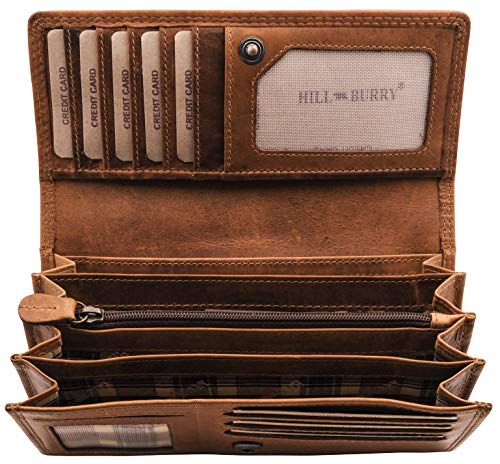 Hill Burry Damen Leder Geldbörse | RFID Portemonnaie aus weichem Echt-Leder | Lange Vintage Damenbörse | Frauen Geldbeutel Hochwertig (Braun)