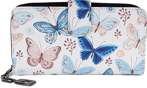 styleBREAKER Damen Geldbörse mit Buntem Schmetterling Muster, Vintage Design, Reißverschluss, Portemonnaie 02040156, Farbe:Weiß-Blau