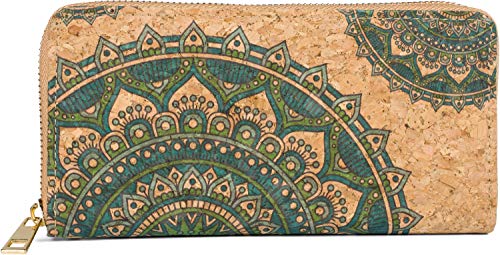 styleBREAKER Damen Geldbörse aus Kork mit Buntem Ethno Ornament Muster im Mandala Stil, Reißverschluss, Portemonnaie 02040147, Farbe:Petrol-Grün