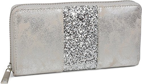 styleBREAKER Geldbörse mit umlaufendem Pailletten Streifen, Reißverschluss, Portemonnaie, Damen 02040056, Farbe:Antik-Silber