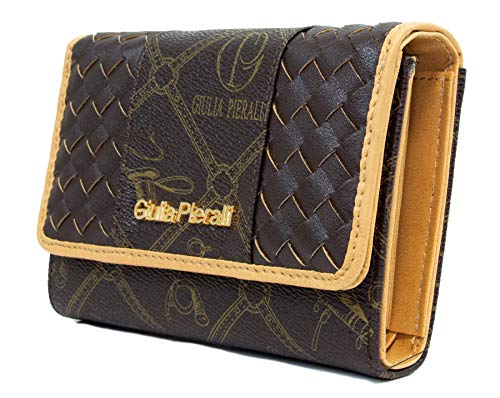 Giulia Pieralli Damen Portemonnaie viel Platz für Kreditkarten Reißverschluss + Clippverschluss Geldbörse Kunst Leder Geschenkbox G02 Braun