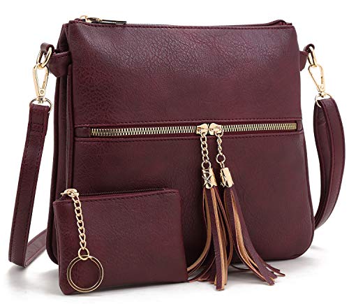 BlesMaller Damen Retro PU Leder Schulter Messenger Quaste Reißverschluss Tasche Handtasche Umhängetasche mit Geldbörse (Weinrot)