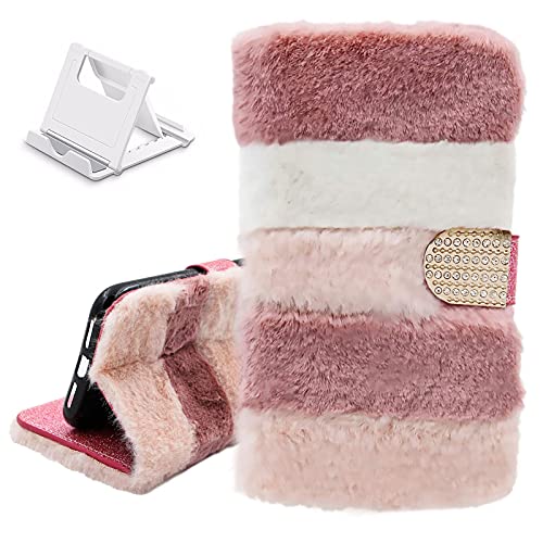 Yewos Hülle Kompatibel mit LG V60 ThinQ,Plüsch Pelz Flip Brieftasche Geldbörse Handyhülle,Soft Hase Süße Winter Warm Flauschig Schutzhülle mit Magnet Standfunktion,Rosa Weiß