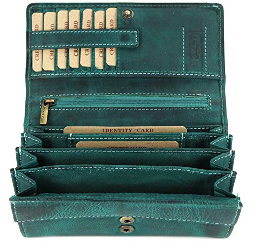 BELLI hochwertige Vintage Leder Damen Geldbörse Portemonnaie langes großes Portmonee Geldbeutel aus weichem Leder in Petrol - 17,5x10x4cm (B x H x T)