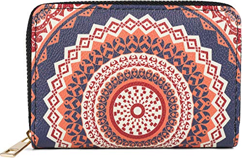 styleBREAKER Damen Kleine Geldbörse mit Bunte Mandala Ornament Muster, Ethno Style, Reißverschluss, Portemonnaie 02040149, Farbe:Dunkelblau-Orange-Rot