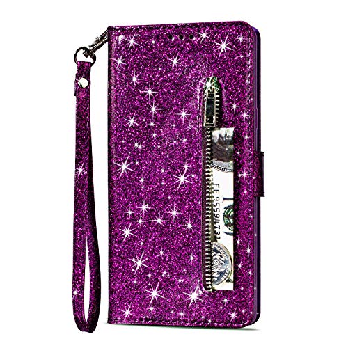 Artfeel Reißverschluss Brieftasche Hülle für Samsung Galaxy S9 Plus, Bling Glitzer Leder Handyhülle mit Kartenhalter,Flip Magnetverschluss Stand Schutzhülle mit Tasche und Handschlaufe-Lila
