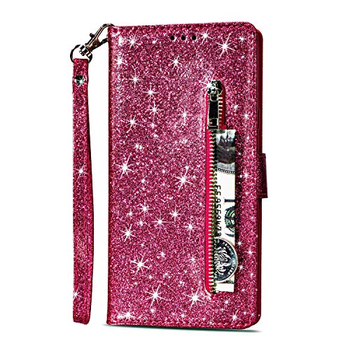 Artfeel Reißverschluss Brieftasche Hülle für Huawei P20 Lite, Bling Glitzer Leder Handyhülle mit Kartenhalter,Flip Magnetverschluss Stand Schutzhülle mit Tasche und Handschlaufe-Rose Rot