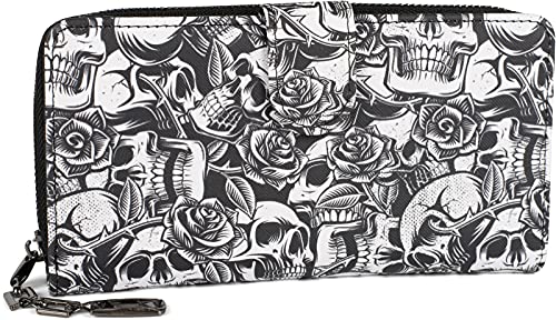 styleBREAKER Damen Geldbörse mit Allover Totenkopf Rosen Print, Reißverschluss und Druckknopf, Portemonnaie 02040151, Farbe:Schwarz-Weiß