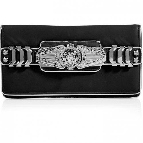 Black/Silver Leather Logo Embellished Fold-Over Clutch von Balmain